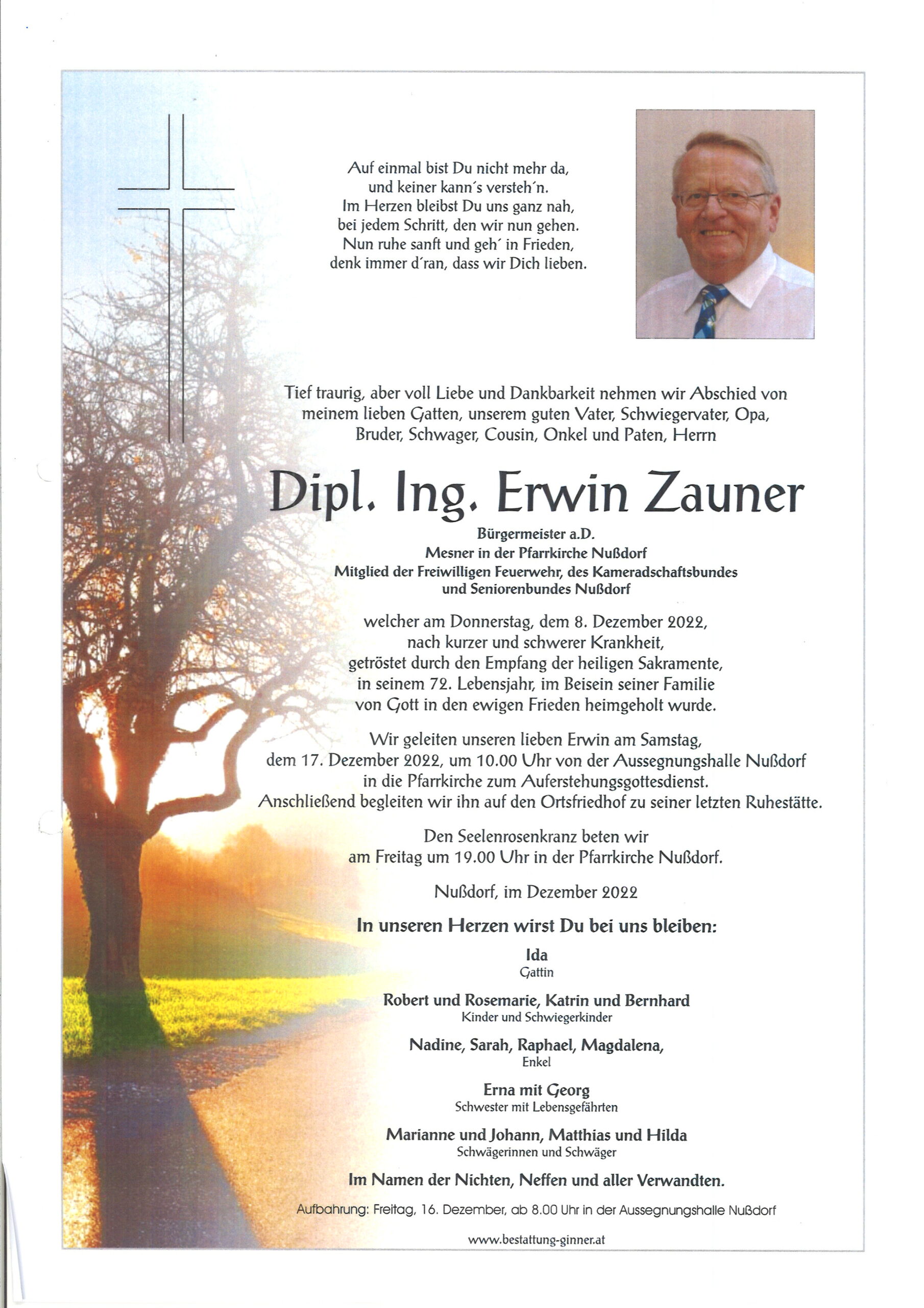17. Dez. 2022: Begräbnis von Bürgermeister a. D. Dipl. Ing. Erwin Zauner in Nußdorf